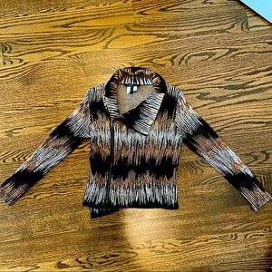 Bcbg Max Azria light zippered blazer jacket with black, brown, and white stripes